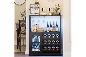 GarveeHome 3-Tier Wine Bar Cabinet with LED Lights & Wine Rack, Liquor Cabinet with Storage, Coffee Bar Cabinet with Glass Holder & Mesh Door, Sideboard Buffet Bar for Living Room, Dining Room, Black