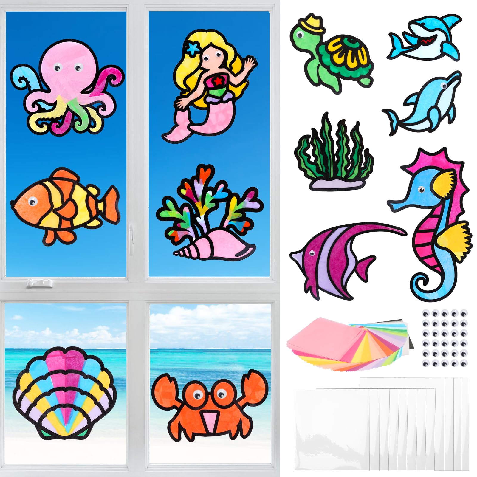 MONCAP 12pcs Sealife Stained Glass Decoration Kits Art and Craft Kits for Kids Sea Animals Paper Crafts Kits Window Kids Craft Kits DIY Sticker Art for Children 4+ — image 1