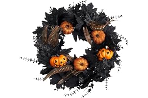 CLYCALOOR Halloween Wreath for Front Door - 20inch Eucalyptus Wreaths with Pumpkin, Feather and Maple Leaves for Indoor Outdoor Wall Window Porch Patio Garden Farmhouse Home Party Prom Decoration