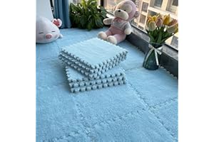 HUIDUO 16 Tiles Thick Interlocking Carpet Shaggy Soft EVA Foam Mats Fluffy Area Rug Protective Floor Tiles Baby Crawling Exercise Play Mat for Kids Room Home Parlor Bedroom - Sky Blue(Cover up 16 SQ,FT.)
