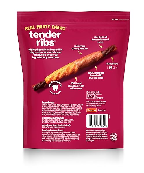 HARTZ OINKIES TENDER RIBS WITH REAL CHICKEN, DUCK & VEGGIES, PEANUT BUTTER FLAVORED RAWHIDE-FREE DOG TREATS, HIGHLY DIGESTIBLE DOG CHEWS, 22 COUNT