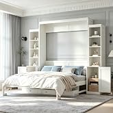 PVWIIK Queen Size Murphy Bed with Desk &amp; Cabinet, White | Murphy Bed with Desk &amp; Storage Cabinet, Shelf, Wall Bed Frame Folding into Cabinet Design