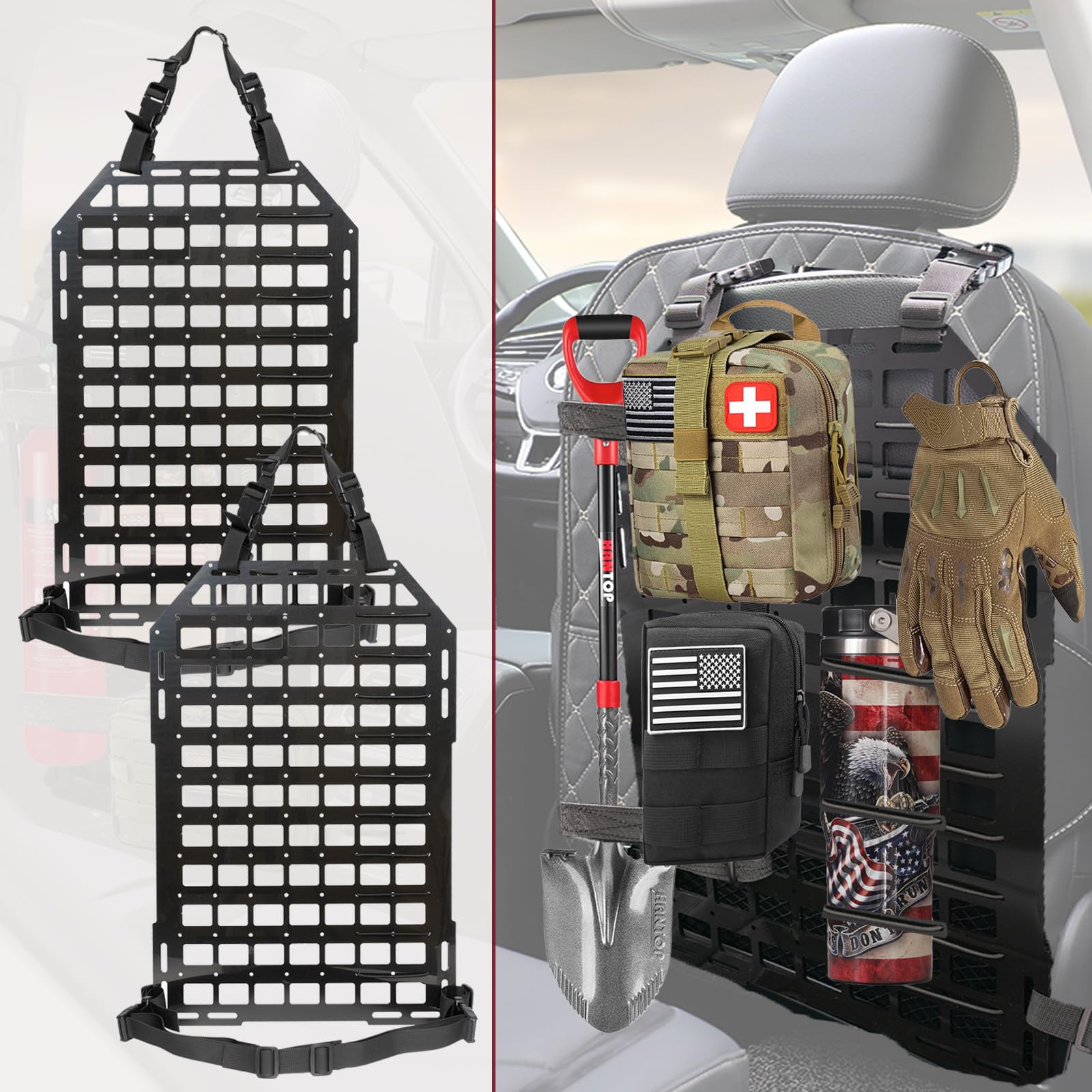 DJJUAJK Pack of 2 Molle Panel Car 58 cm x 36 cm Molle Back Seat Backrest Organiser Tactical Storage ABS Plastic Environmentally Friendly and Versatile