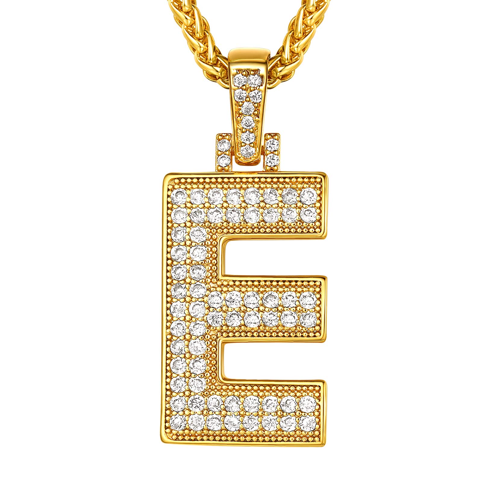 Suplight Baguette Letters Pendant with Cubic Zirconia, Hip Hop Jewelry, E Necklace Initial Gold, Bling A-Z Alphabet Letters Necklace for Men Boys