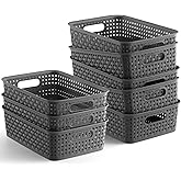 NETANY Plastic Storage Baskets - 8 Pack, Gray, Durable, Easy to Use, Flexible, Multi-Purpose, Ideal for Closets, Cabinets, Shelves, Countertops