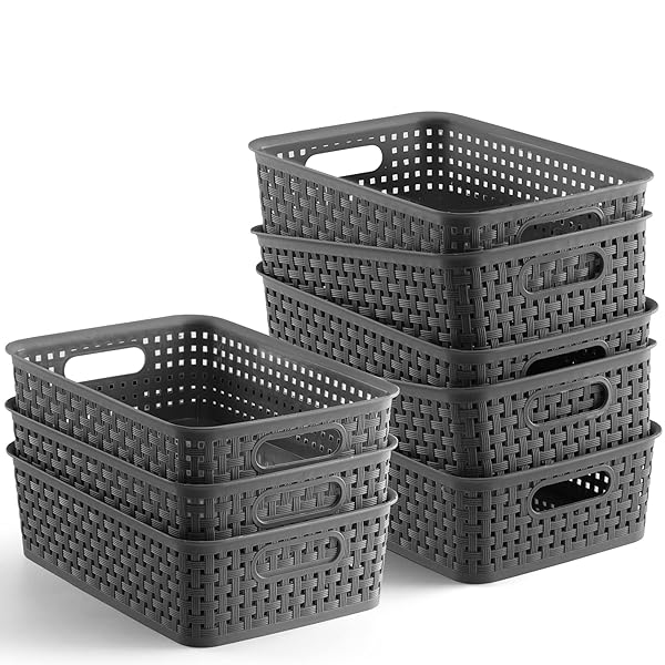 NETANY PLASTIC STORAGE BASKETS – 8 PACK, GRAY,...