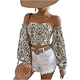 SweatyRocks Women's Off The Shoulder Boho Blouses Long Lantern Sleeve Tribal Print Crop Tops