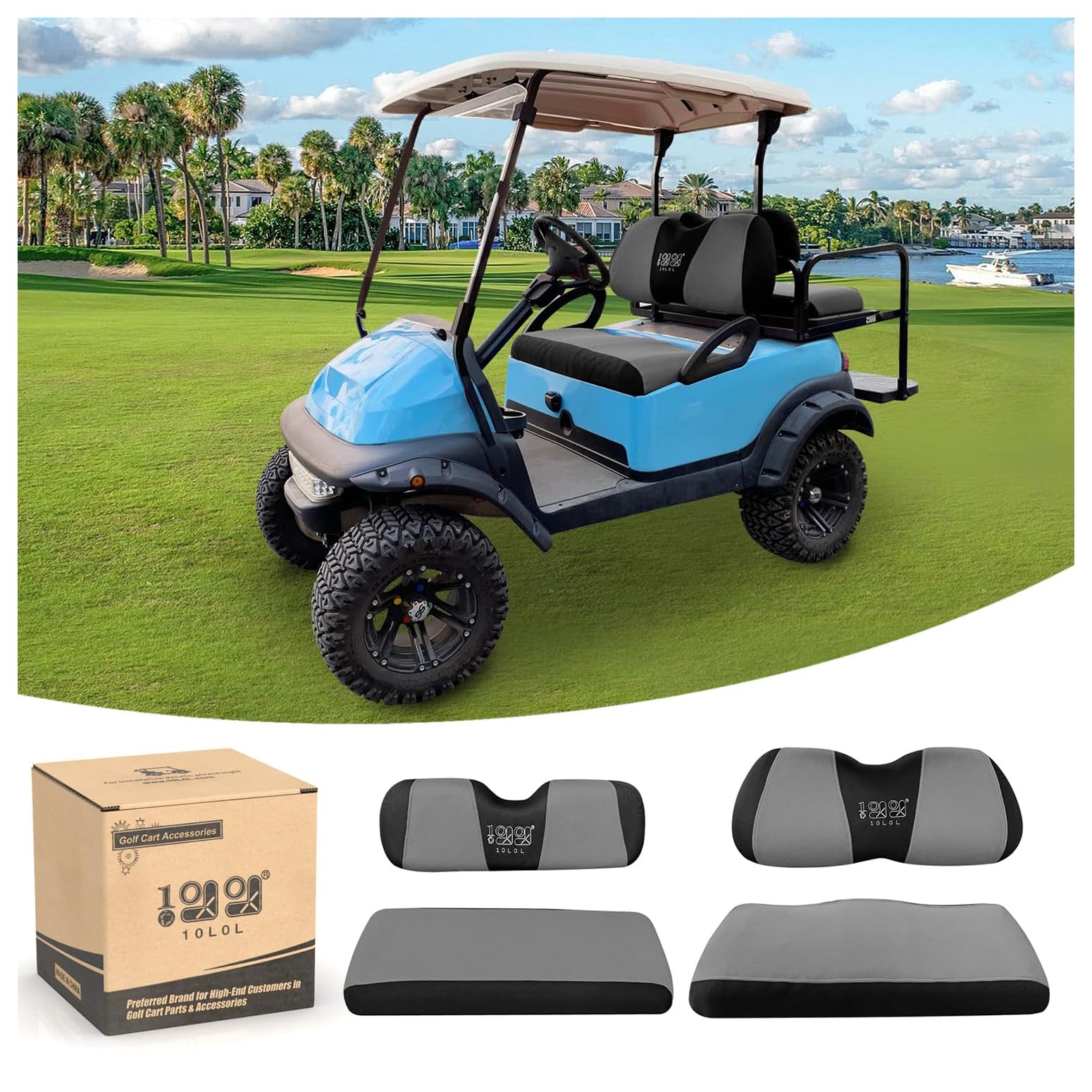 Photo 1 of 10L0L Golf Cart Front and Rear Seat Cover Set for Club Car Precedent/Onward/Tempo & Yamaha G29 Drive/Drive 2,Stylish 4 Passenger Front Back Seat Covers,Breathable Washable Polyester Mesh (Black/Grey)