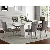 Henf 7 Pieces Faux Marble Dining Table Set for 6, 63"-79" Extendable Dining Room Table and 6 Grey Tufted Chairs Set for 6, Modern Large Expandable Kitchen Table with White Double Columns Base