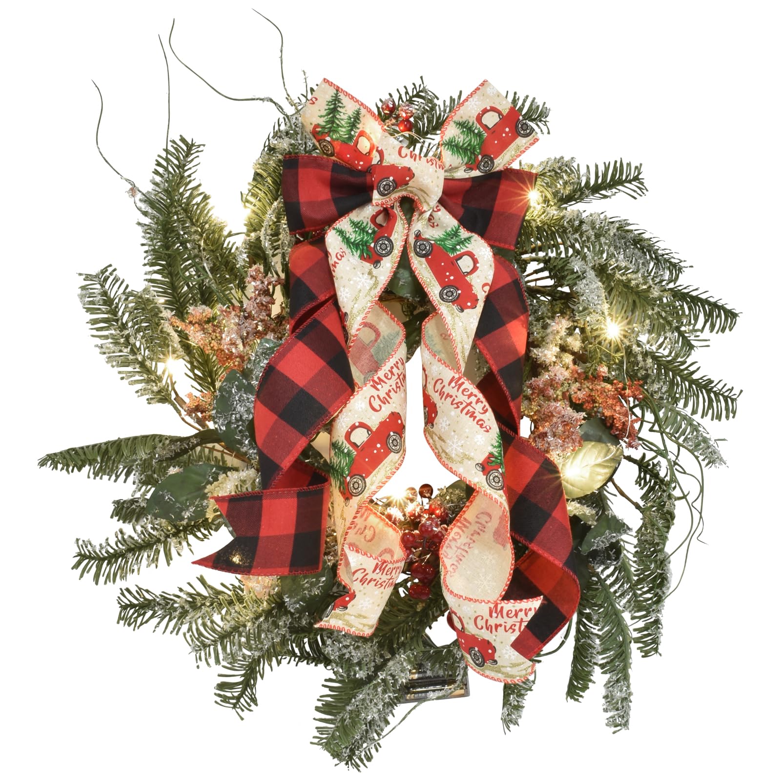 Photo 1 of Christmas Wreath with Lights, 18 Inch Lighted Outdoor Christmas Wreath - Prelit Winter Xmas Door Wreath with Berry, Pine Leaf for Thanksgiving Holiday Wall Window Decorations