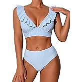 ZAFUL Women's Ruffle Bikini Sets High Waisted Striped V Neck High Cut Swimsuit Two Piece Bathing Suits