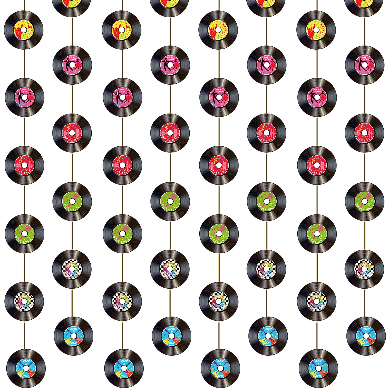 Photo 1 of Cindeer 8 Pieces Rock and Roll Party Decorations Retro Record Paper Garlands Vintage Themed Streamer Banners Hanging Decorations for 50s 60s 70s Music Birthday Party Supplies(Rock and Roll)