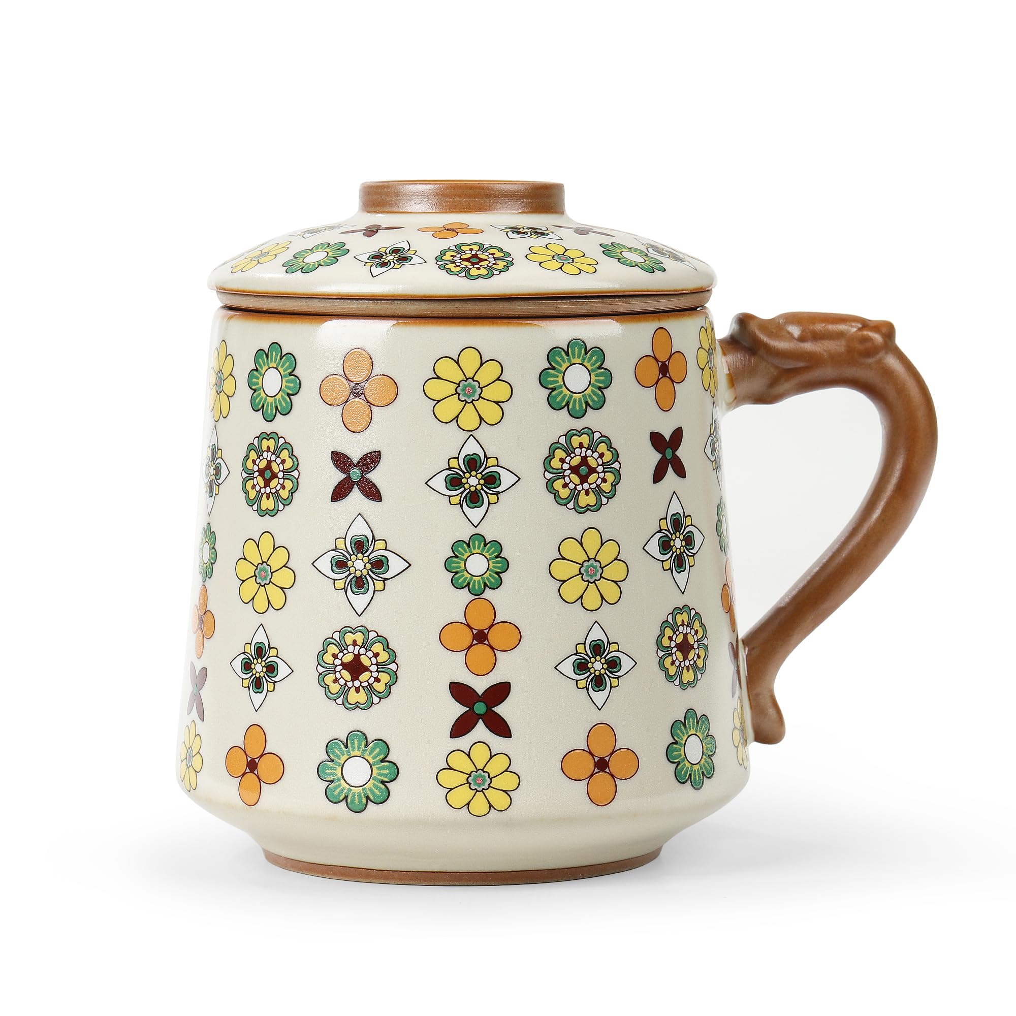fanquare Ceramic Tea Cup with Infuser and Lid, Colorful Flowers Chinese Tea Mugs, Large Tea Steeping Mug for Loose Leaf 450ml