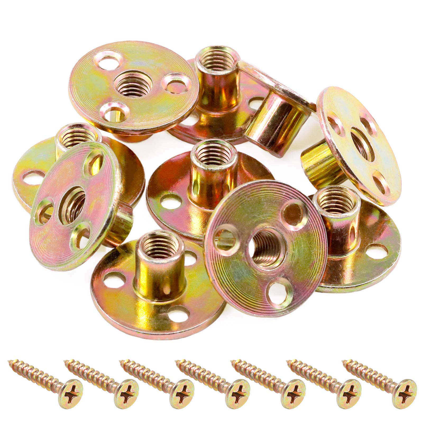 Mardatt 64Pcs M10 Brad Hole Tee Nut with Screws Set Carbon Steel T-Nuts Zinc Plated Round Base Female Thread Screw-in Furniture Hardware