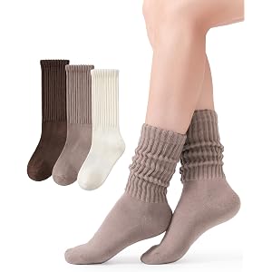 Somaibo Women Slouch Crew Socks Retro Cotton Mid Calf Scrunch Sock 3 Pack | Thick Stretchy Slouchy Boot Socks Ribbed Ankle So