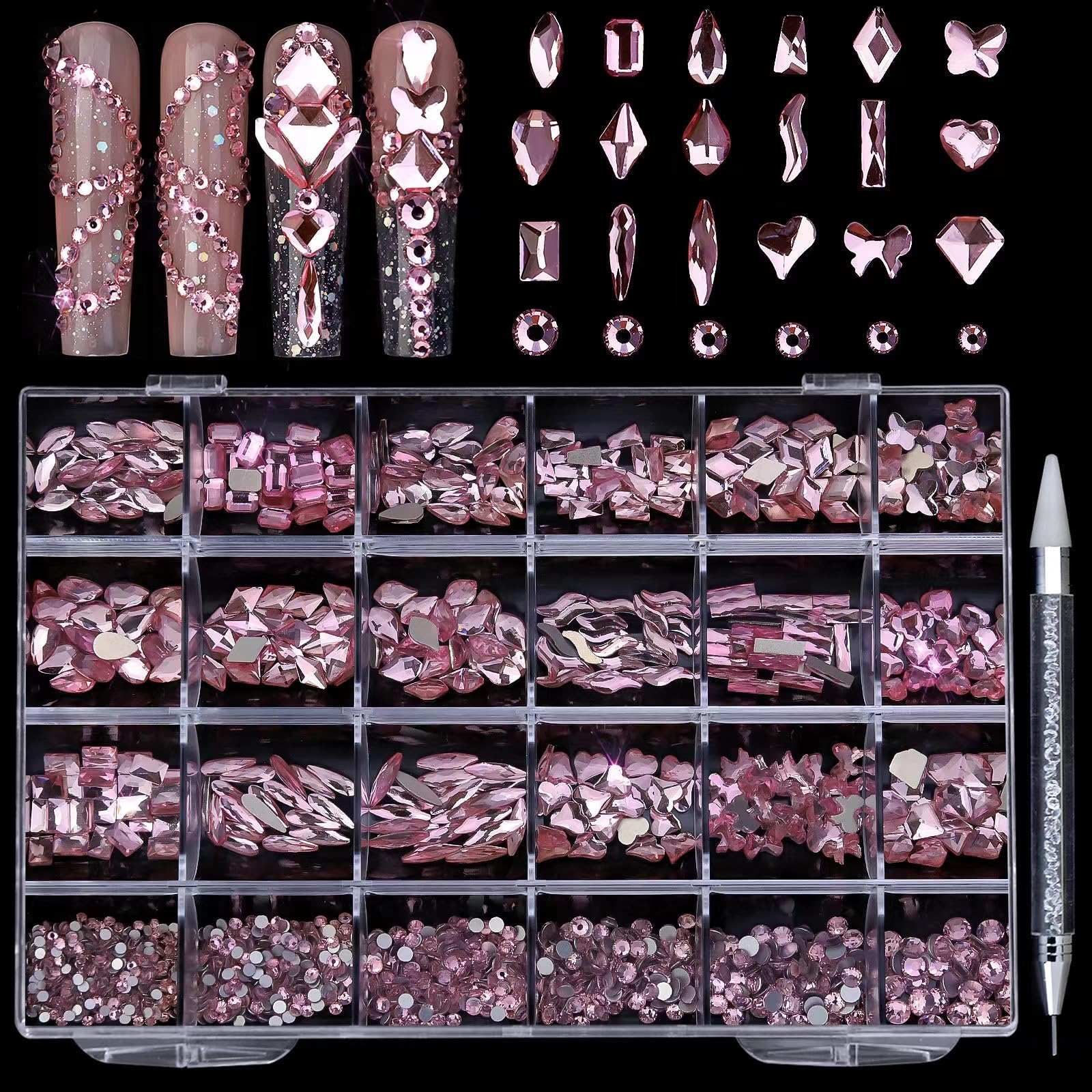Photo 1 of AMLAVIFISH Light Pink Nail Rhinestones, 5380Pcs Flatback Glass Charms Gems Stones, 24 Grids 19 Types of Shaped Nail Art Rhinestones Kit with Picking Pen and Tweezers, 6 Sizes for Decoration Face