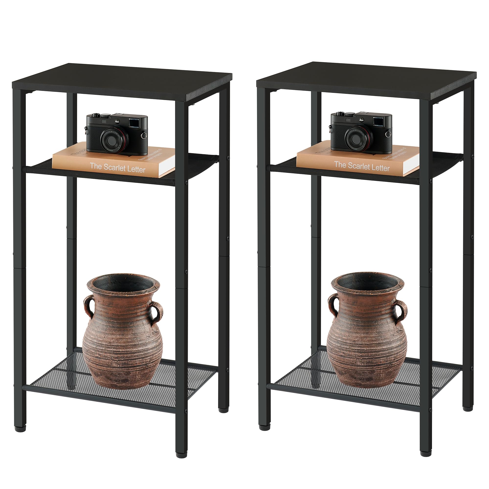 Photo 1 of Hoctieon 2-Set 3 Tier End Table, Telephone Table Set of 2, Tall Side Table with Storage Set of 2, Small Nightstand for Small Spaces, Metal Frame, for Living Room, Bedroom, Sofa Couch, Black