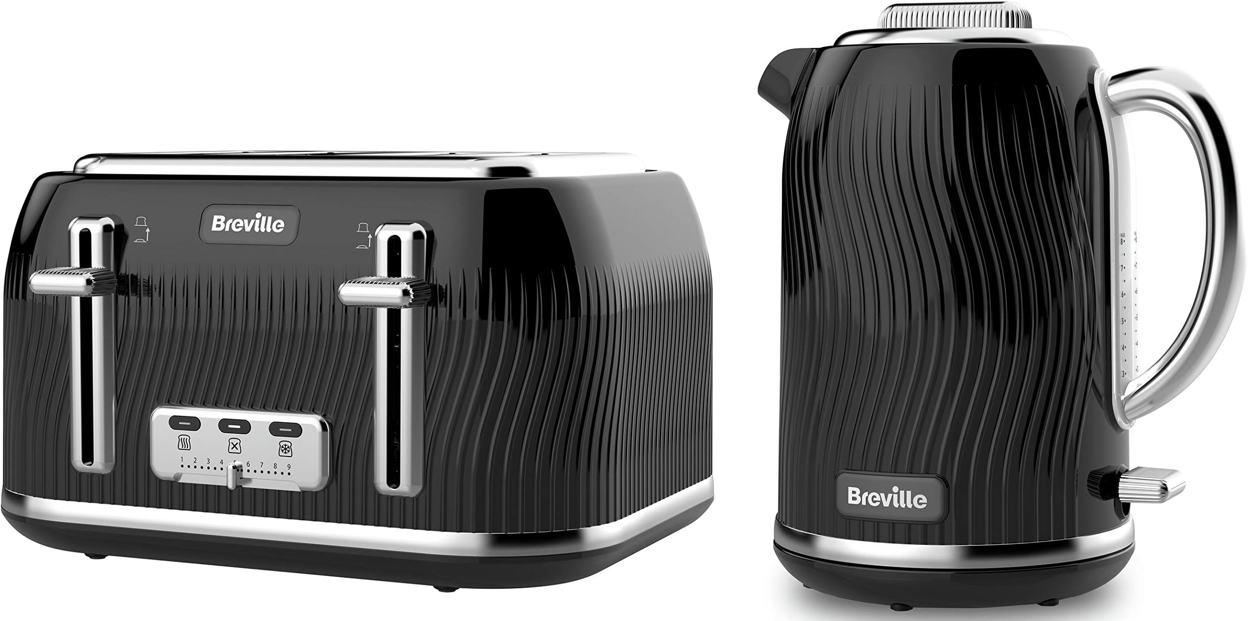 Breville Flow Curve Jug Kettle 1.7 litres & 4-Slice Toaster Set (Black)