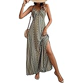 Floerns Women's Boho Spaghetti Strap Sundresses Sleeveless Cami Dress Criss Cross Summer Slit Vacation Maxi Dresses