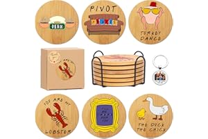 PUGEZ Friends Bamboo Coasters Set of 6, Friends TV Show Merchandise, Friends TV Show Gifts, Friends Merchandise Gifts, Friends Gifts for Fans, Friends Drink Coaster Set with Holder, Friends Kitchen Decor