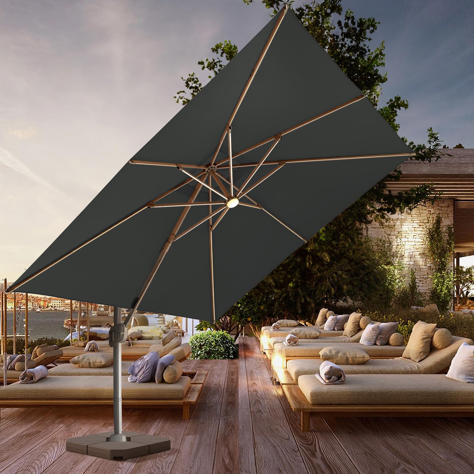 Photo 1 of wikiwiki 10x10 FT Cantilever Patio Umbrella with Solar Lights, Offset Umbrella Outdoor Patio with 360° Rotation and Unlimited Tilting System, Heavy Duty Umbrella with Cross Base, Grey