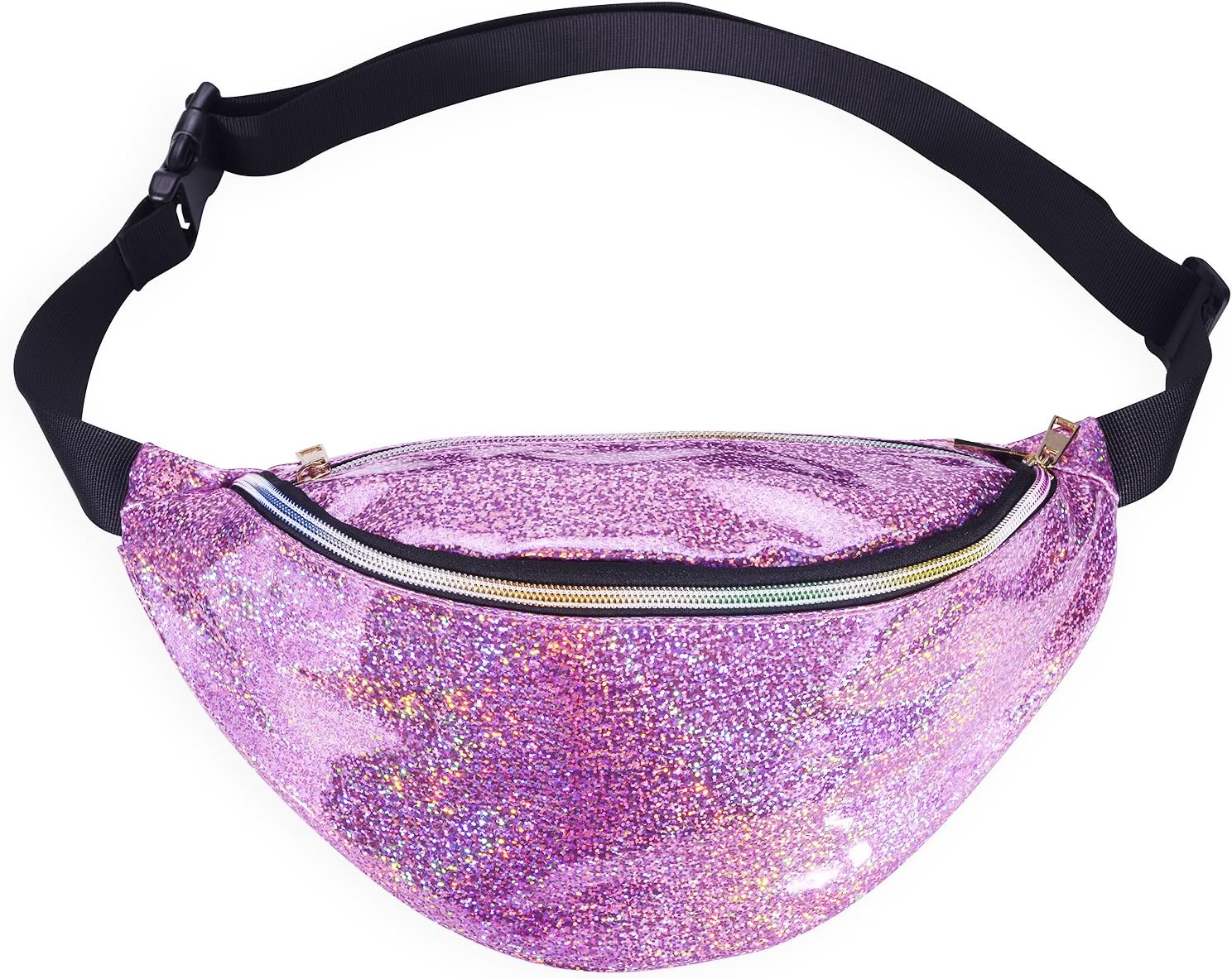 Miracu Neon Holographic Fanny Pack, 80s Cute Fashion Fanny Packs for Women Girls, Shiny Waist Pack Bum Bag for Rave, Festival, Party, Travel (Glitter Pink)