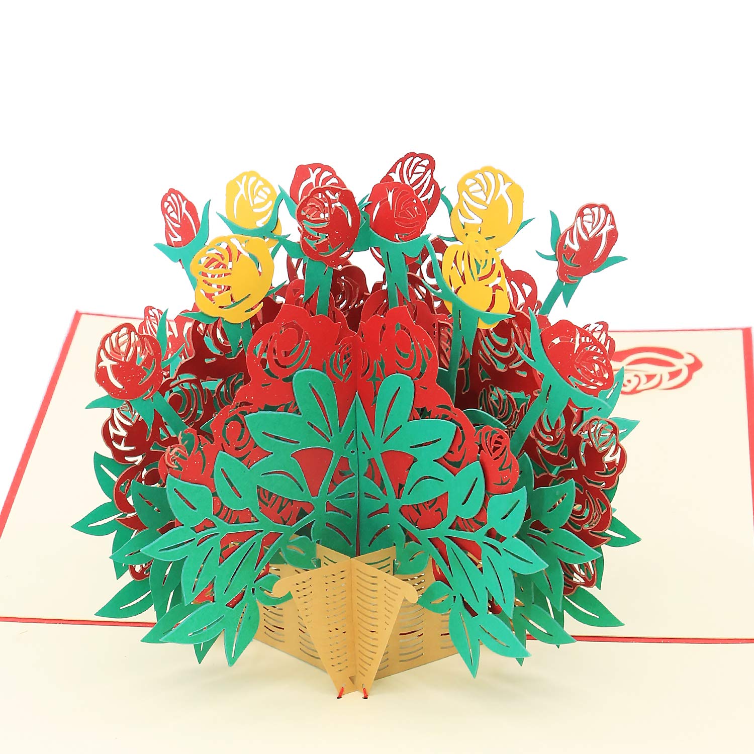 3D Pop Up Anniversary Card - Bold Red Rose Overflowing Wicker Basket for All Occasions Thank You Miss You Card Anniversary Invitation Cards (Red Rose Basket)