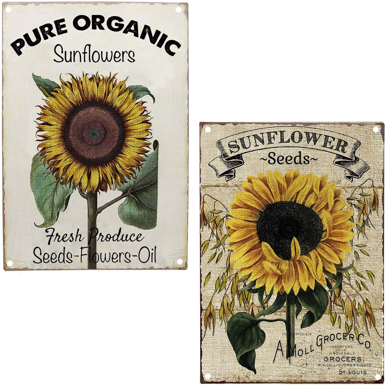 TISOSO Pure Organic Sunflower Seeds Metal Tin Sign Vintage Retro Wall Decor Art Farm Country Signs Size 2Pcs-8X12Inch