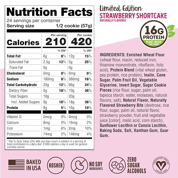 LENNY & LARRY’S PROTEIN COOKIE, STRAWBERRY SHORTCAKE – HIGH PROTEIN SNACKS WITH 16G PLANT PROTEIN, 10G FIBER, SOFT-BAKED, VEGAN, NON-GMO | 4OZ, PACK OF 12