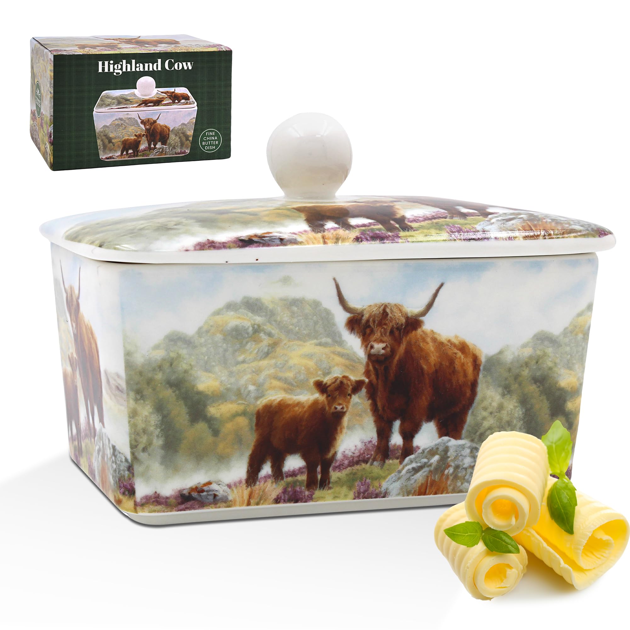 The Leonardo Collection Highland Cow Butter Dish by Macneil Studios | Decorative Porcelain Butter Keeper with Lid | Country Farmhouse Style | Hand-Illustrated Highland Cattle Design