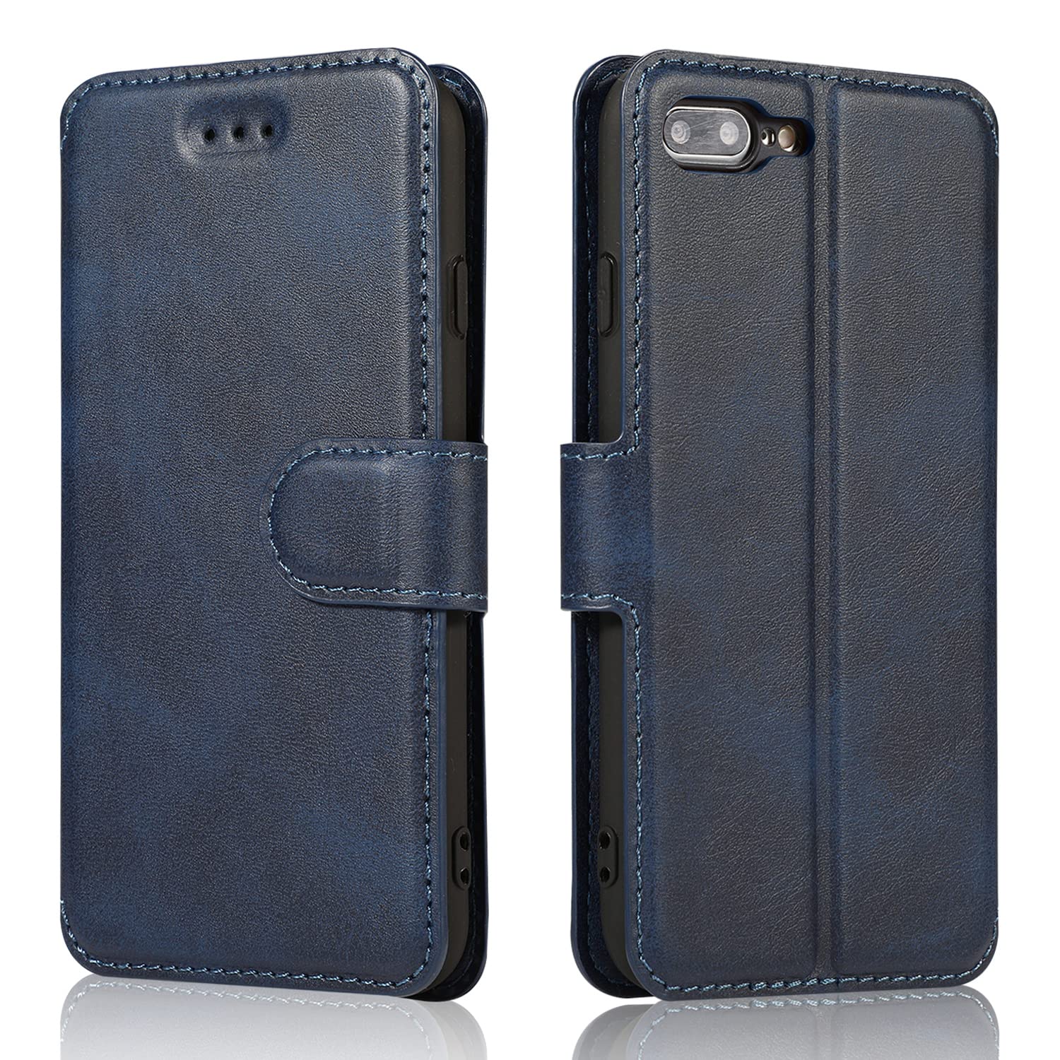 QLTYPRI Case for iPhone 7 Plus 8 Plus, Premium PU Leather Simple Wallet Case with Card Slots Kickstand Magnetic Closure Shockproof Flip Cover - Blue