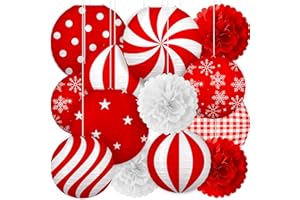 Renbuzhu 13PCS Christmas Decorations Ornaments Set – 9 Red White Hanging Paper Lanterns, 4 Pom Poms for Indoor, Home, Xmas Party, Porch Decor
