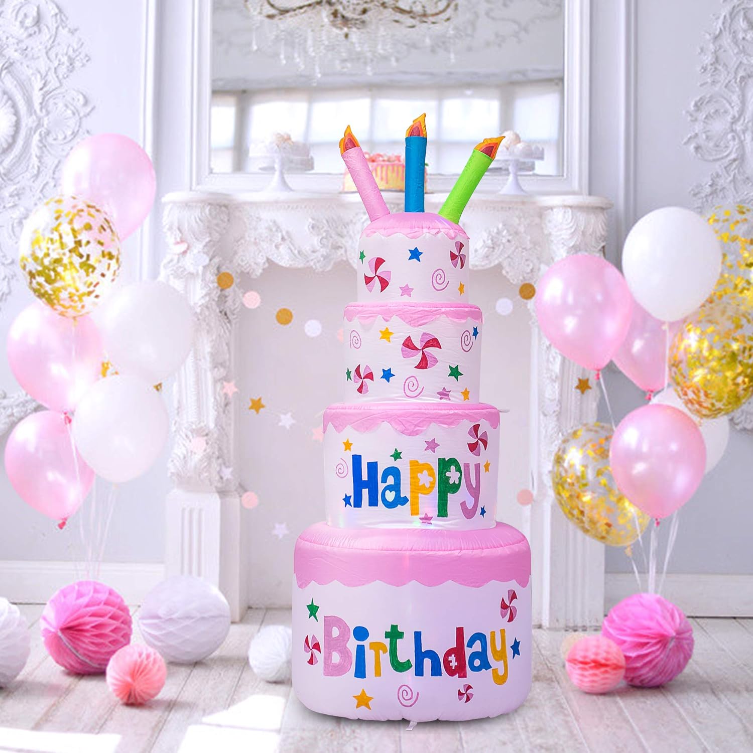 AJY 6 Feet Tall Cute Inflatable Happy Birthday Cake with Candle Blow Up Indoor Outdoor Yard Lawn Decoration: Garden & Outdoor
