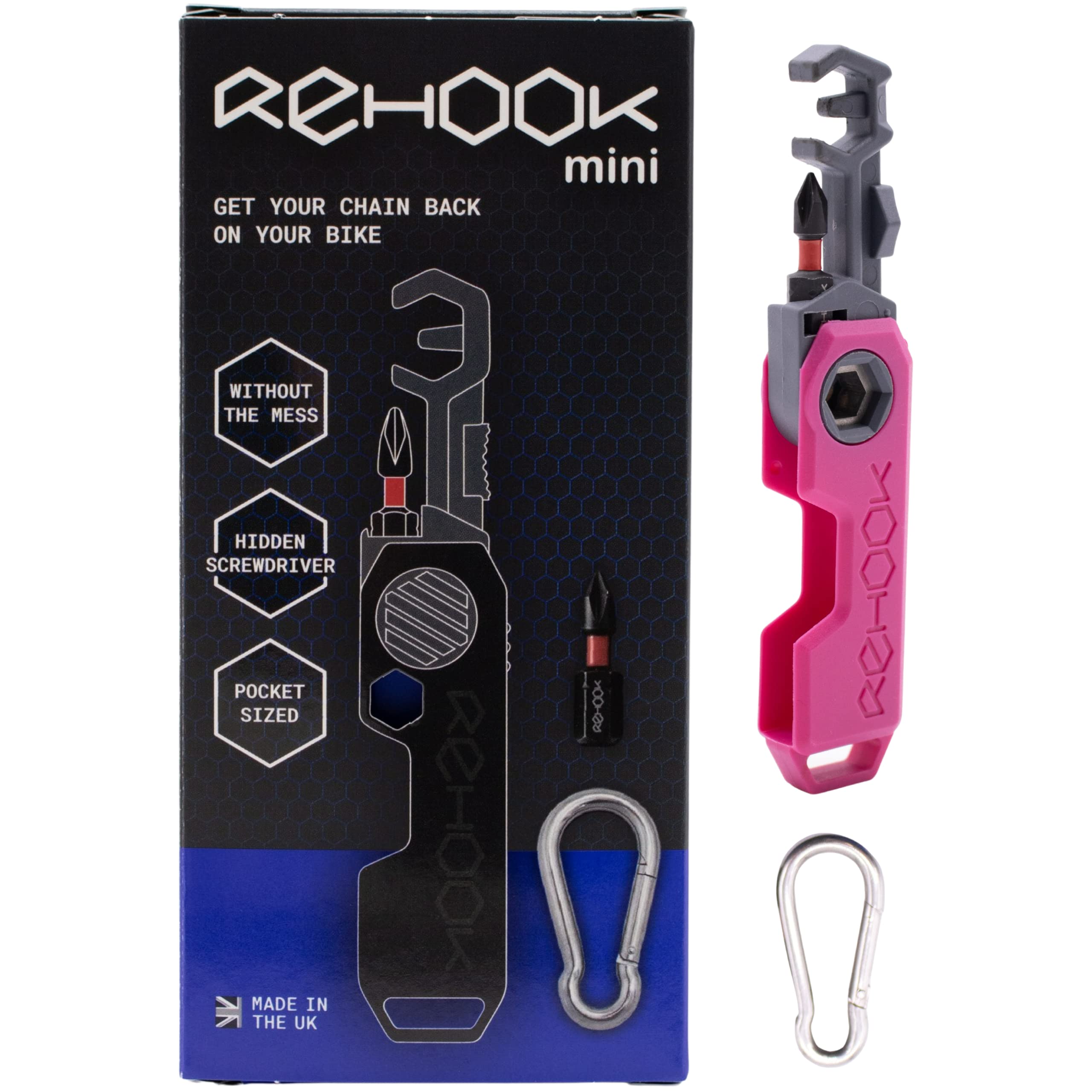 Rehook Mini Pink | Lightweight Bicycle Multi-Tool | Chain Handling Tool Keyring for Cyclist | Stocking Filler Present for Bike Gadget Lover | Made in UK