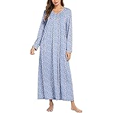 Ekouaer Women's Long Sleeve Nightgown Full Length Sleepwear Long Sleepshirts Henley Sleep Dress S-4XL