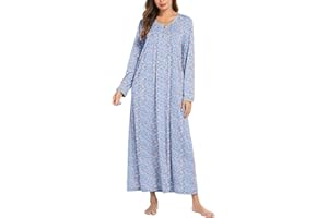 Ekouaer Women's Long Sleeve Nightgown Full Length Sleepwear Long Sleepshirts Henley Sleep Dress S-4XL