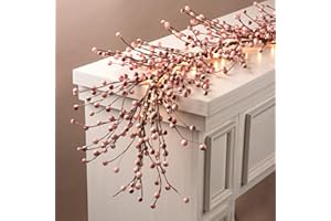LampLust Lighted Garland, 6 Ft Pink Berry Garland with 100 LED Lights for Spring Mantle All Year Round, Battery Powered, Timer Included, Farmhouse Dining Table Decor, Spring Table Centerpiece Decor