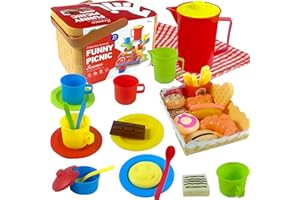 RAINBOW TOYFROG Kids Picnic Basket Toy - Tea Party Set Pretend Play Kitchen Accessories with Fake Food , Mat, Plastic Tea Cup Set, Toddler Toys for Girls and Boys Age 3 4 5 , Ideal for Imaginative Playtime