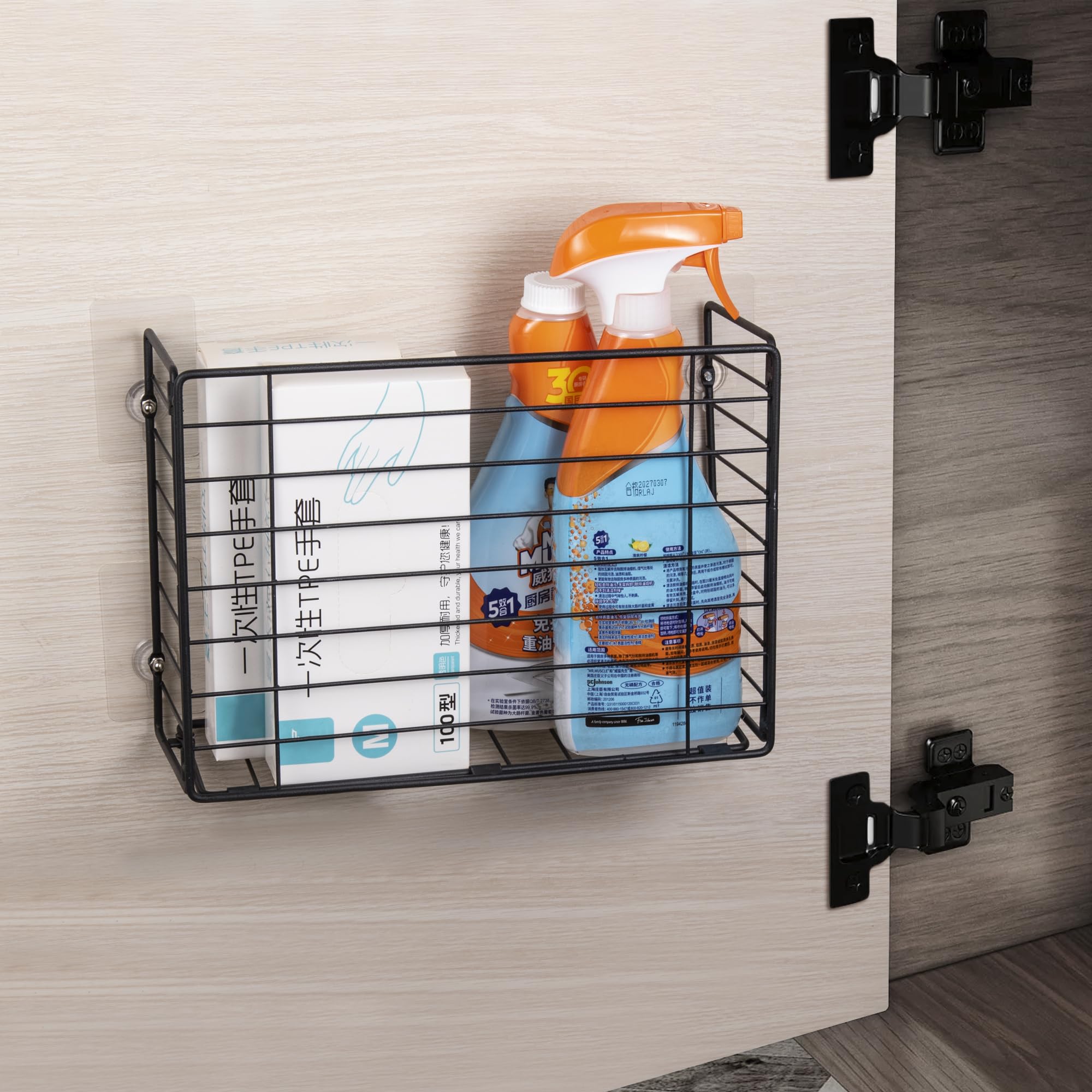 Lonian Wall Mounted Storage Basket, Black Metal Wire Kitchen Wrap Organizer Rack, Heavy Duty Hanging Basket for Cabinet Door, Pantry, Cutting Boards, Foil, and Cleaning Supplies