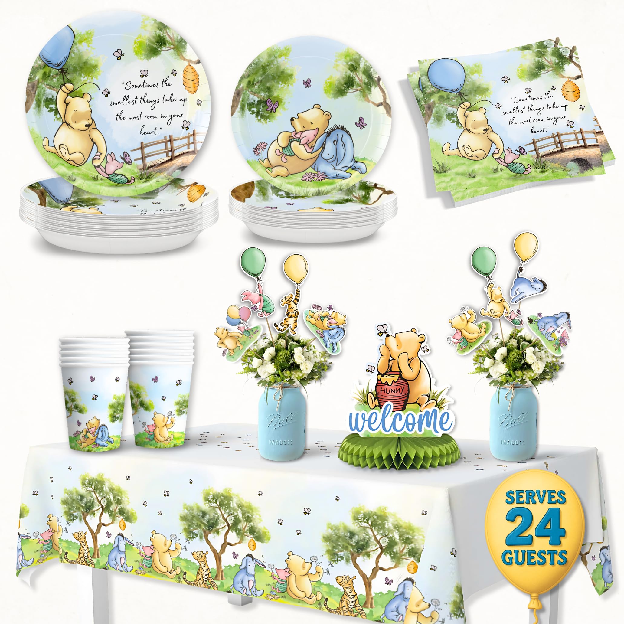 Photo 1 of 106 Pc Winnie Baby Shower Decorations Set – the Pooh Plates, Cups, Napkins & Tablecloth – Classic Pooh Theme – Cute Winnie the Bear Baby Shower Decor Party Supplies