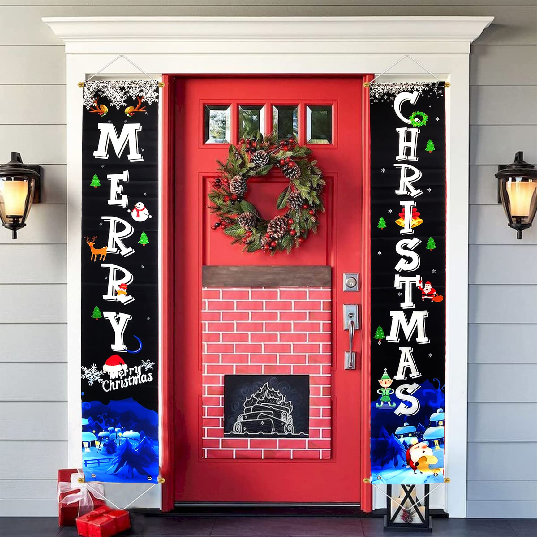 Ginfonr Christmas Couplet Hanging Banner Xmas Ornament Party Decoration Porch Sign Creative Decorative, Welcome Christmas Hanging Banners, DIY Festival Door Flags Accessories for Christmas Party