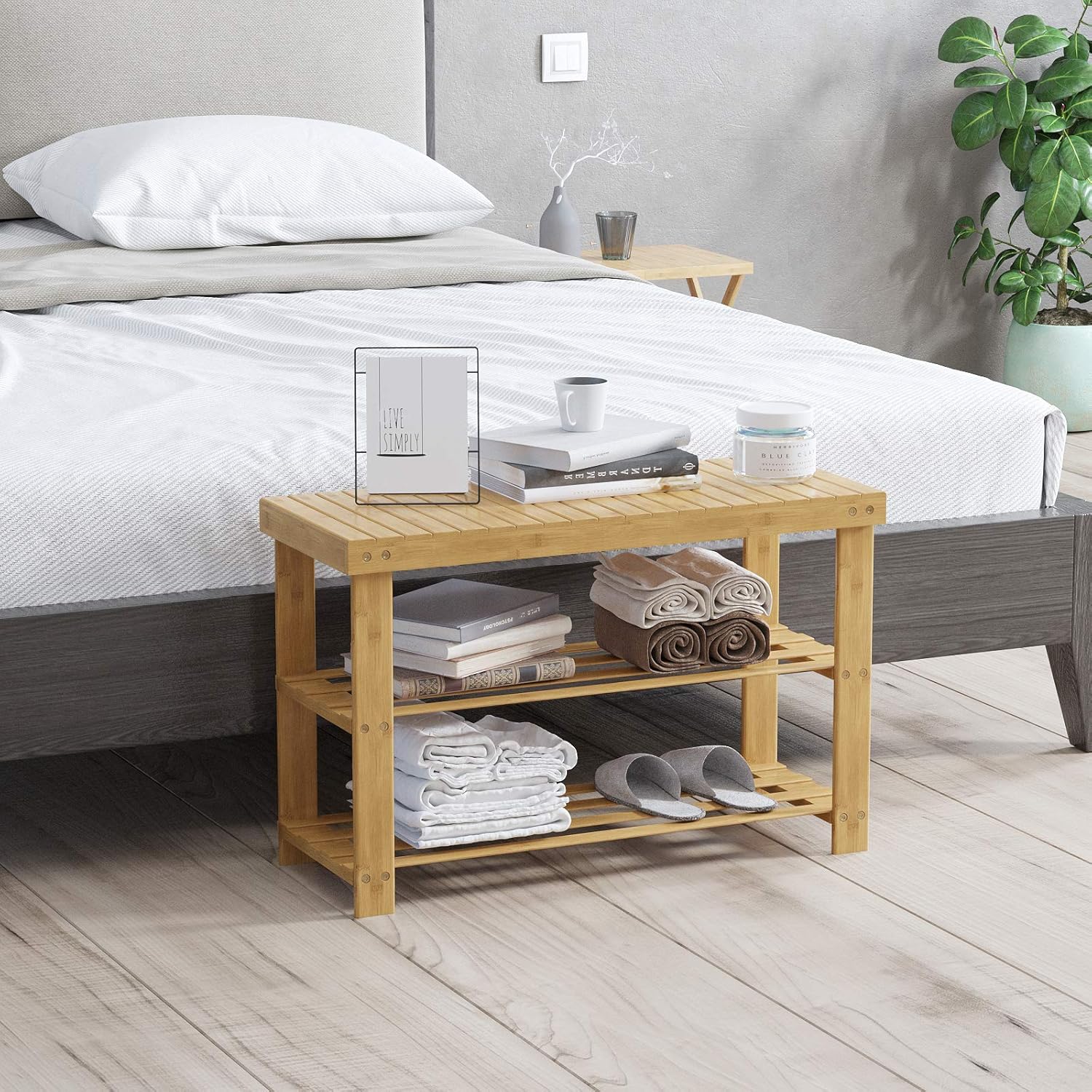 C&AHOME 3-Tier Shoe Rack Bench, Entryway Shoe Storage Organizer Holds Up to 240 lbs, Bamboo Storage Shelf for Shoes, Slippers, Ideal for Hallway Bathroom Living Room Corridor Natural: Kitchen & Dining