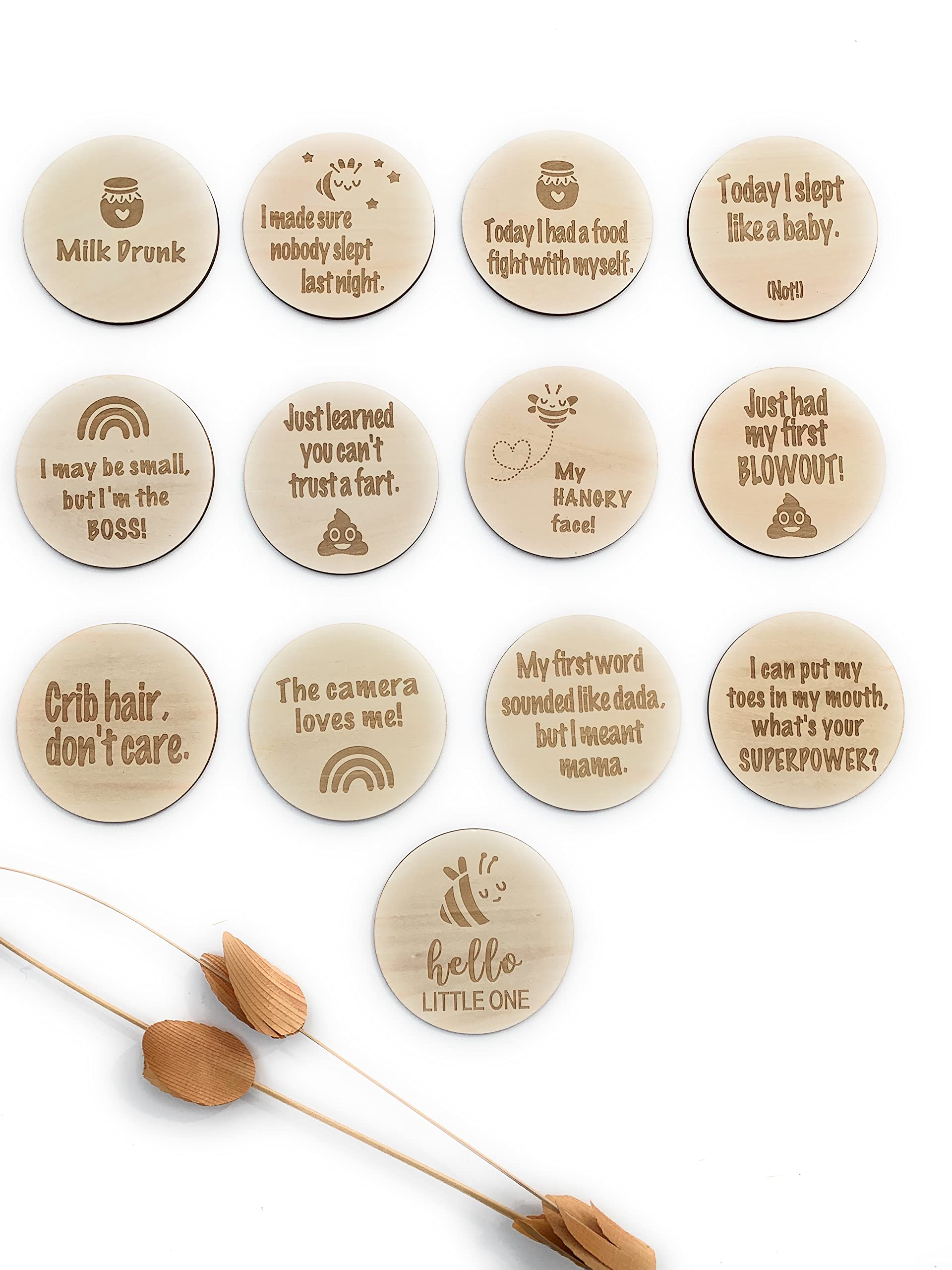 Funny Baby Monthly Milestone Announcement Cards | 13 Round Wooden Double Sided Signs | Gender Neutral Gifts | Baby Shower | Fun Photo Props | Baby Registry | Pregnancy Gift | Baby Photo Props