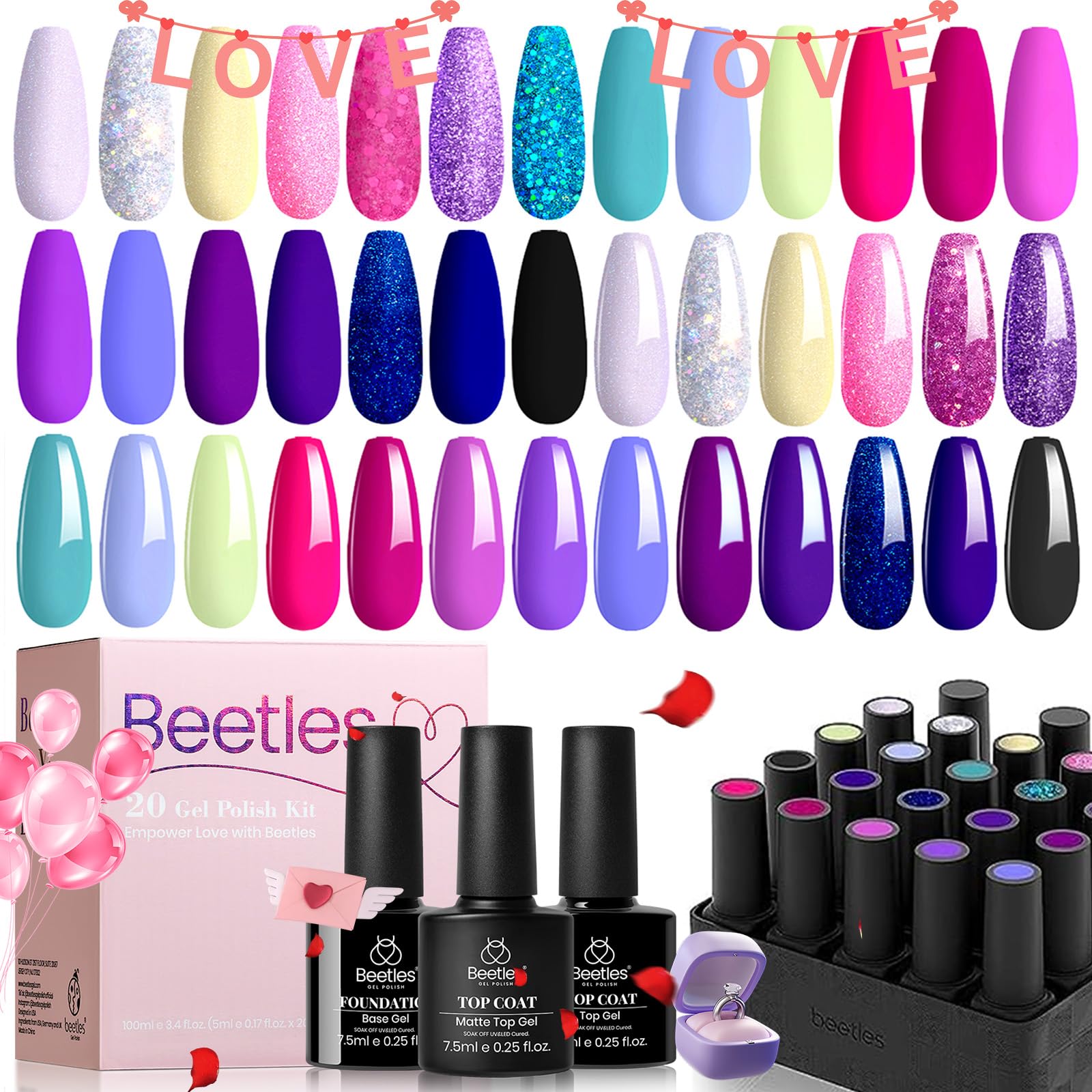 Beetles 23 Pcs Gel Nail Polishes,Midnight Euphoria Collection Gel Polish Soak off Green Glitter Pink Gel Nail Kits Top Coat and Base Coat 6 Pcs Glitter Nail Brushes Nails Gifts for Women Girls — image 1