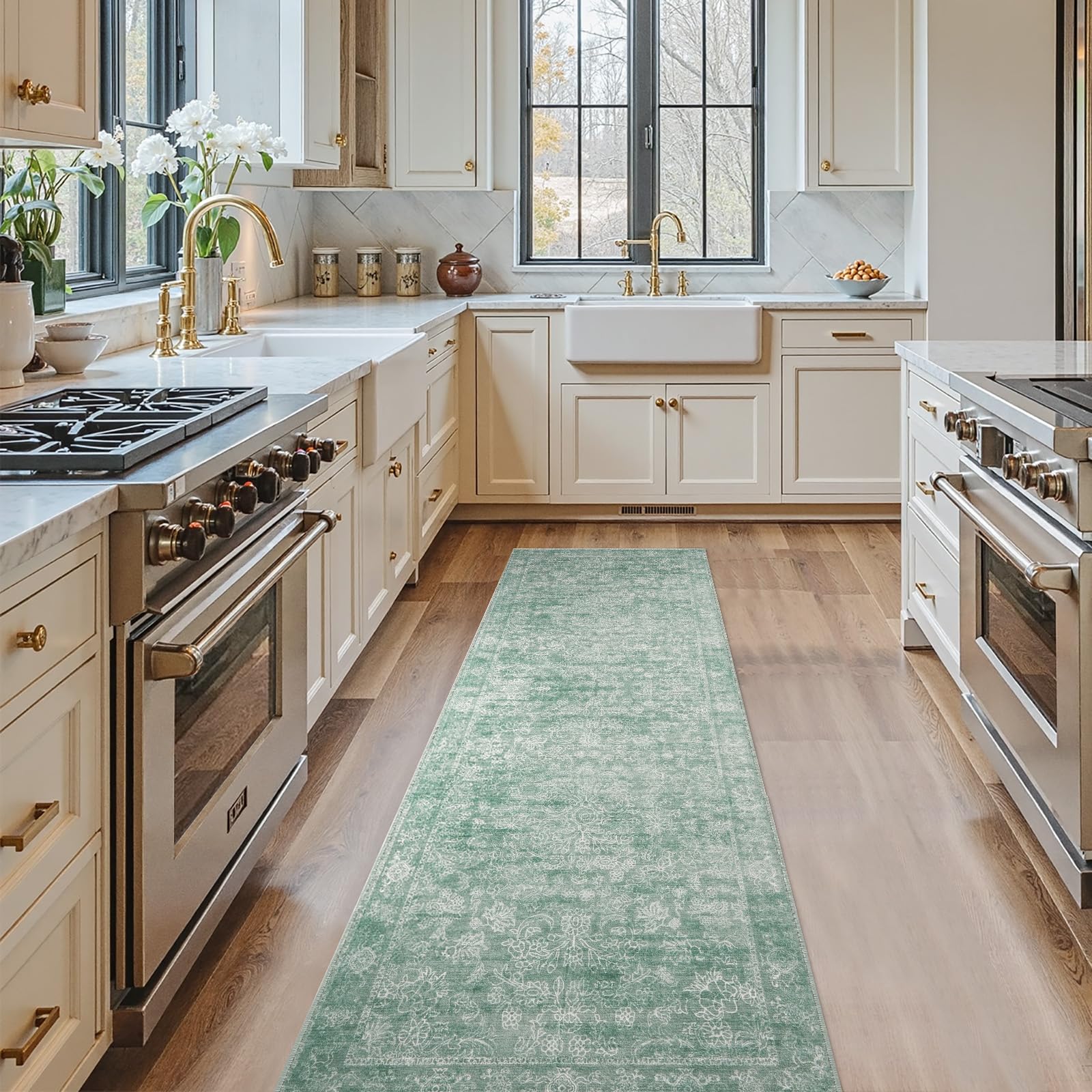 Photo 1 of jinchan Runner Rug 2x5 Green Kitchen Rugs Hallway Runner - Machine Washable Vintage Floral Non-Slip,Low Pile Soft Ultra-Thin Distressed Carpet for Entryway Farmhouse Bedroom Laundry Room (2’x5’,Green)