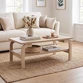 POWERSTONE Rectangular Coffee Table, 2-Tier Wooden Center Table with Storage Shelf, Mid-Century Vintage Cocktail Table, Rustic Accent Tea Tables for Living Room, Apartment, Natural