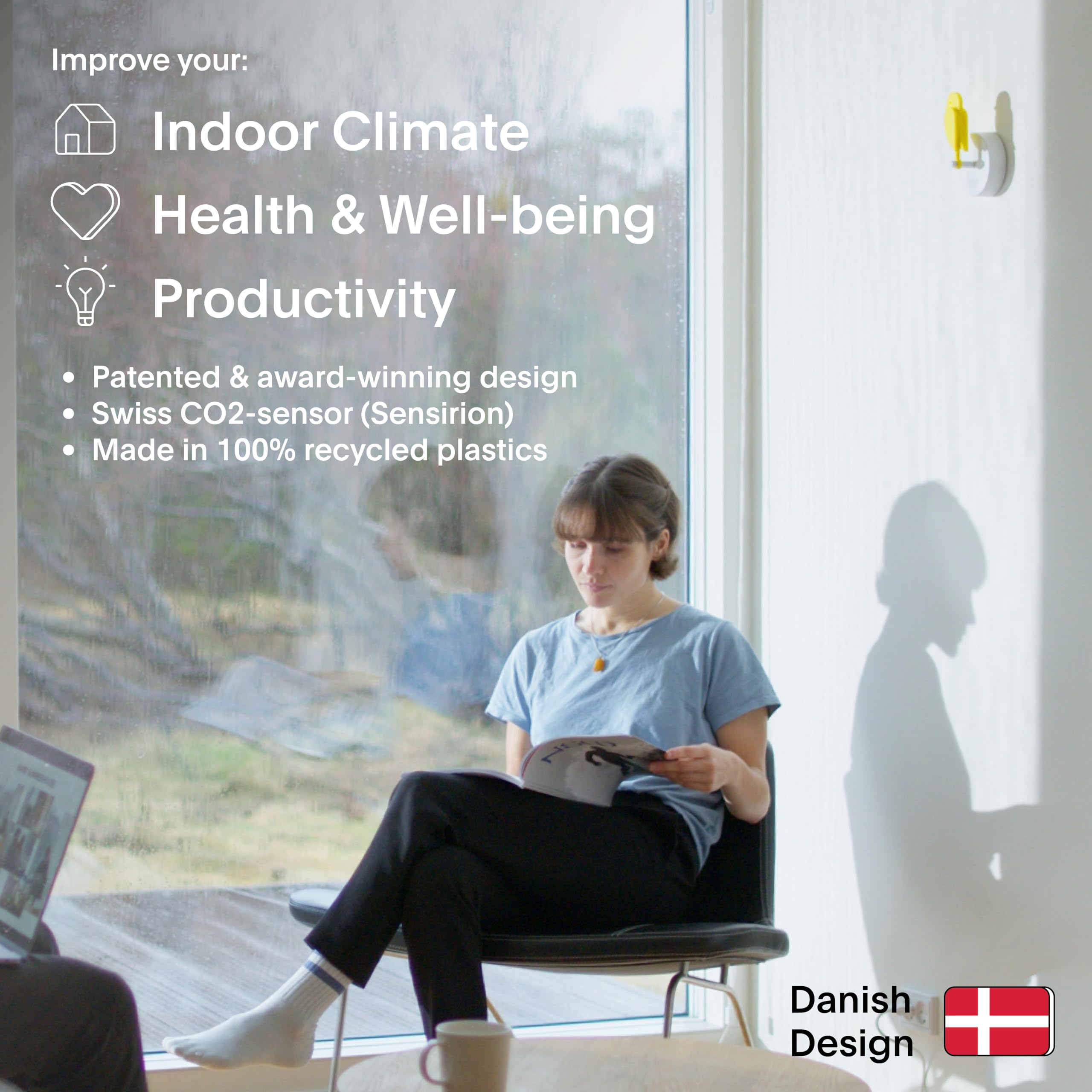 Birdie 2.0 - Design CO2-Messgerät für Innenräume – Luftqualitätsmonitor für Zuhause & Büro – Fördert Gesundheit – Modernes Wohnaccessoire – Saubere Luft reduziert Risiken (Gelb) 2