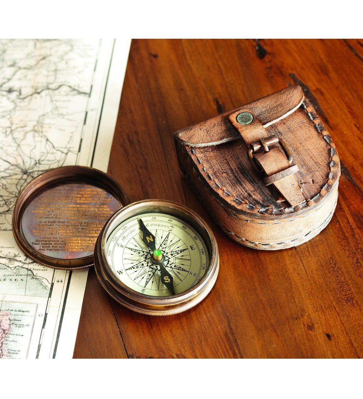 Antiqued Brass Poem Compass with Brown Leather Case Free Rustic Vintage Home Decor Gifts