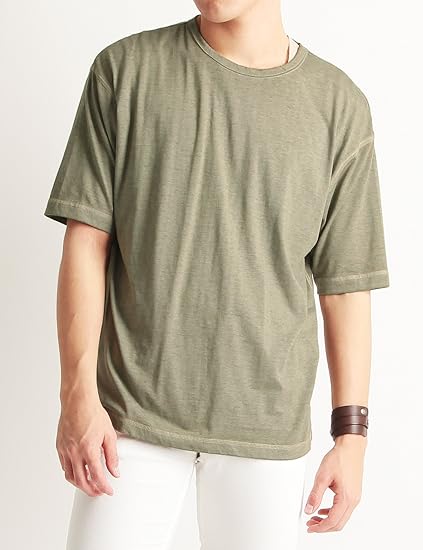 Amazon オパール ウォッシュ 加工 クルーネック 半袖 ビッグ Tシャツ メンズ ストリートモード Mens 春夏 Lサイズ カーキ Tシャツ カットソー 通販