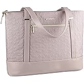 VANKEAN Laptop Bag for Women, 15.6 Inch Work Bag Waterproof Computer Shoulder Bag with USB Port, Large Tote Bag for Work Business Travel, Quilted Pink